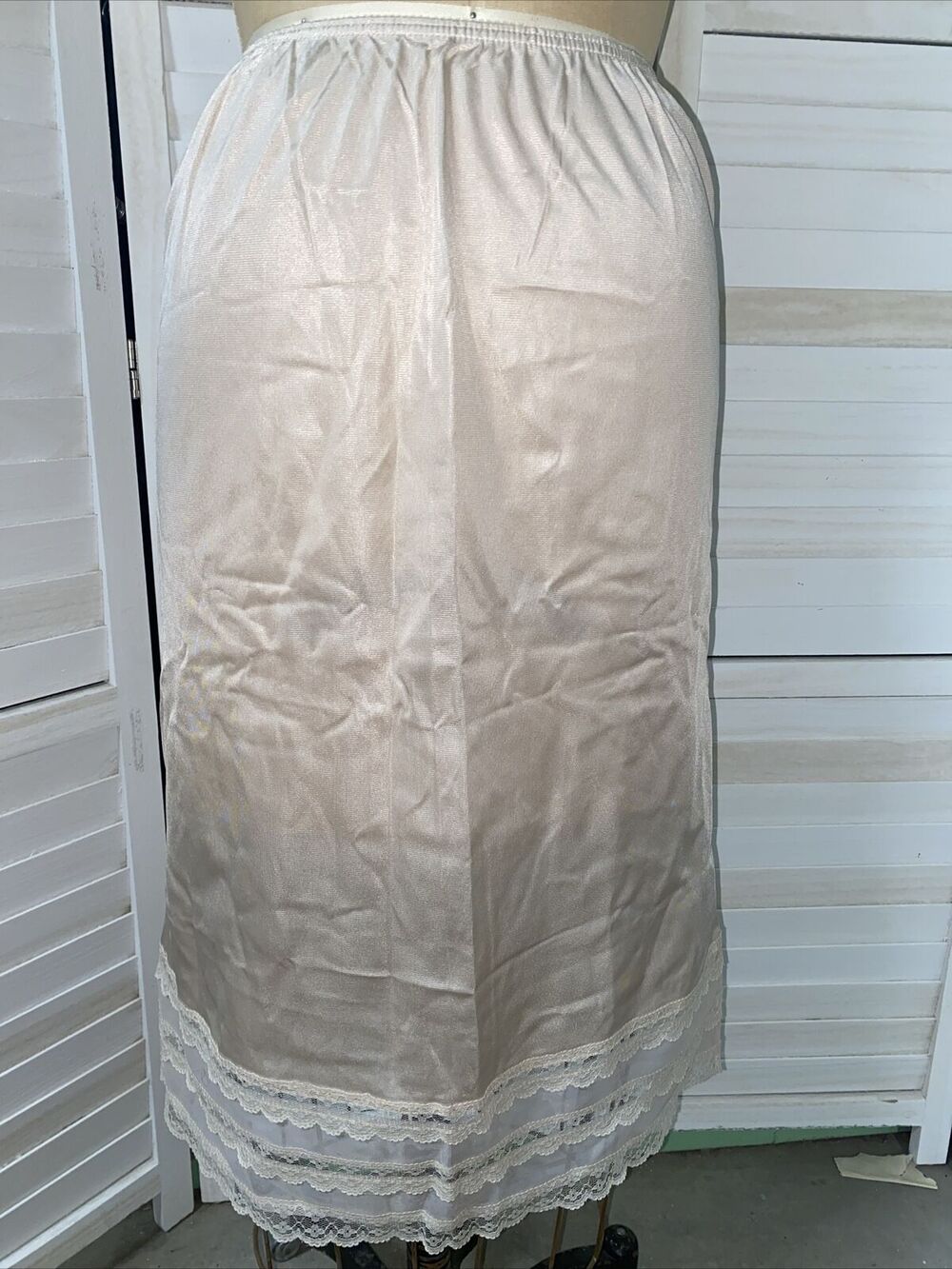 Vintage Nude Half Skirt Nylon Slip 28” Long Nylon Lace Trim Sz Small